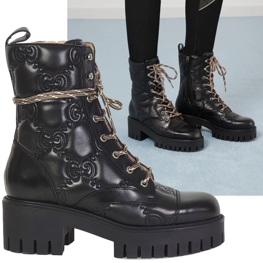 GUCCI BOOTS ANKLE BLACK GG LOGO LEATHER QUILTED LACE-UP sz 39.5 9.5 US - Picture 1 of 16
